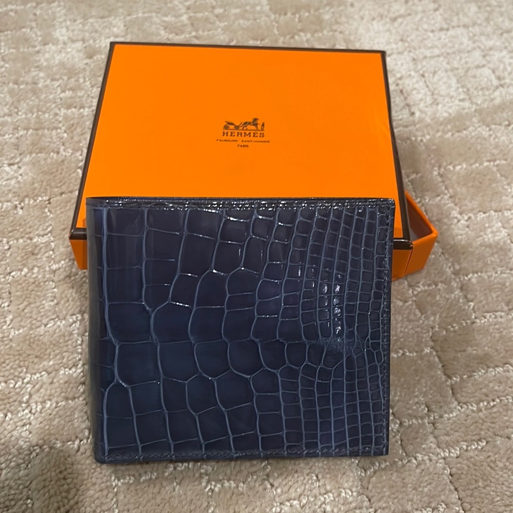 Hermes Bifold Wallet Blue Alligator New w/Box